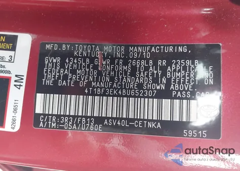 2011 Toyota Camry Le from USA, damaged, VIN 4T1BF3EK4BU652307